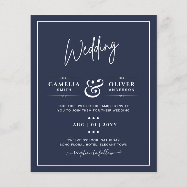 BUDGET Navy Blue Monochrome WEDDING Flyer (Front)
