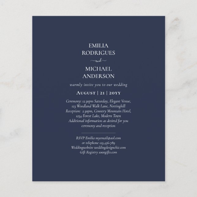 BUDGET Navy Blue Monochrome WEDDING Flyer (Front)