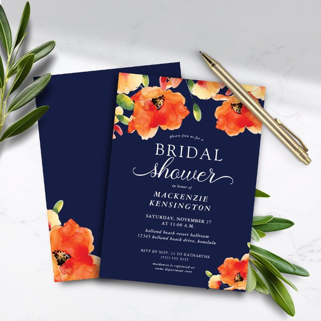 Budget Navy Blue Orange Poppy Bridal Shower (Budget Navy Blue Orange Poppy Bridal Shower Invitation)