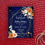 Budget navy blue orange white roses wedding invite<br><div class="desc">Orange and white roses sage eucalyptus greenery navy blue background gold geometrical frame floral budget wedding invitation template with QR RSVP code at the back.</div>