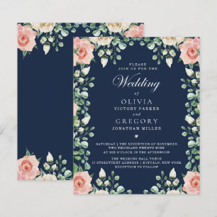 Budget Navy Blue, Pale Pink Floral Wedding Flyer
