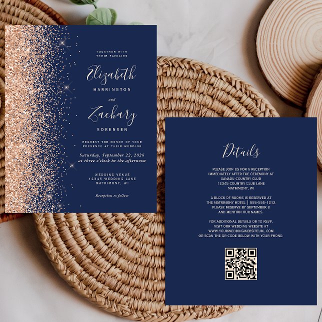 Budget Navy Blue Peach QR Code Wedding Invite (Creator Uploaded)