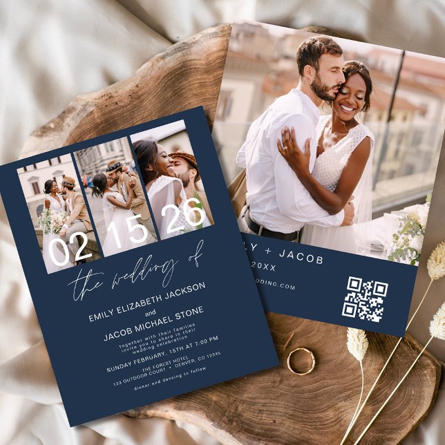 Budget Navy Blue Photo QR code Wedding Invitation Flyer (Creator Uploaded)