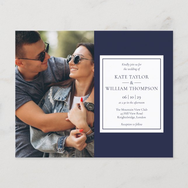 Budget Navy Blue Photo Wedding Invitation (Front)