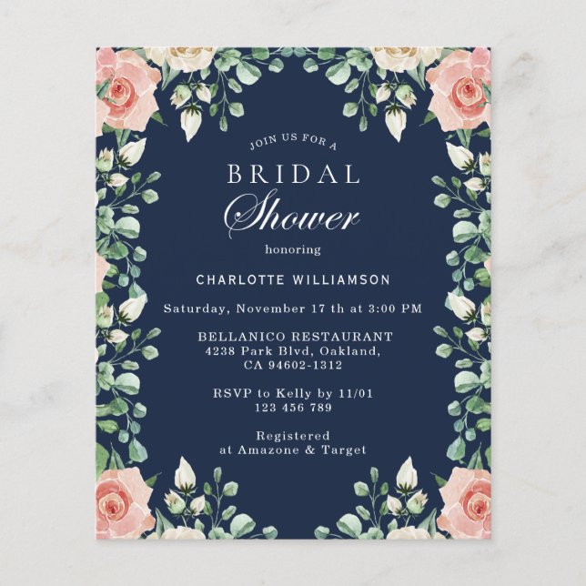 Budget Navy Blue Pink Floral Bridal Shower Flyer (Front)