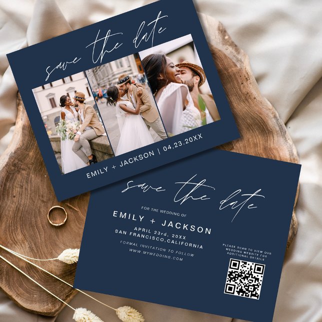 Budget Navy Blue QR Code - Save the Date 3 Photo Flyer (Creator Uploaded)