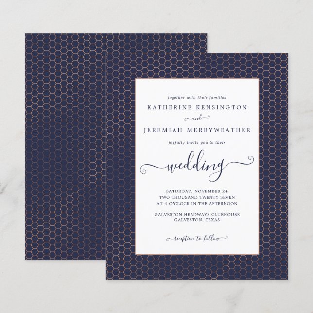 Budget Navy Blue Rose Gold Geometric Wedding (Front/Back)