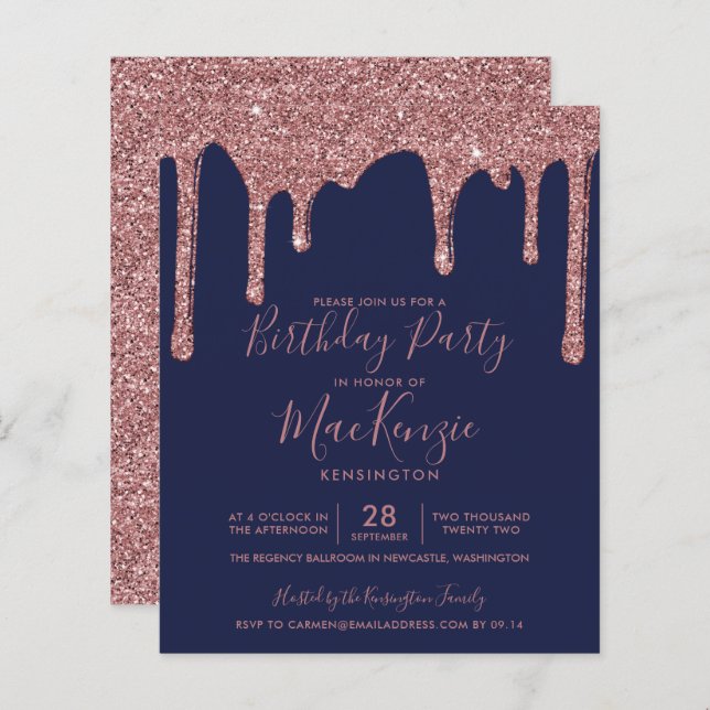 BUDGET Navy Blue Rose Gold Glitter Drips Birthday (Front/Back)
