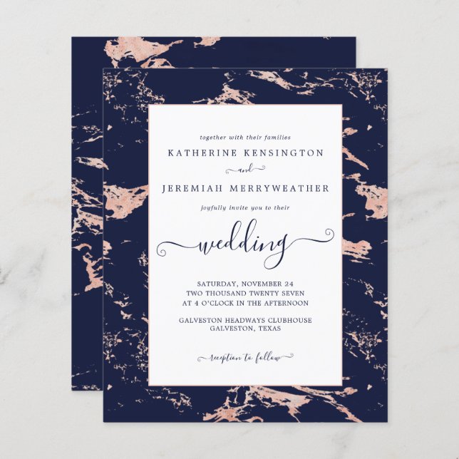 Budget Navy Blue Rose Gold Marble Wedding Invite (Front/Back)