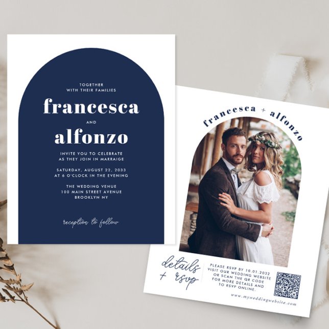 Budget Navy Blue RSVP QR Code Retro Photo Wedding (Creator Uploaded)