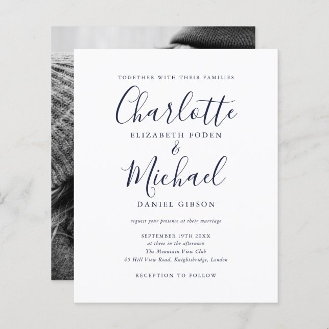 Budget Navy Blue Script Photo Wedding Invitation (Front/Back)
