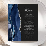 Budget Navy Blue Silver Agate Dark Wedding Menu<br><div class="desc">The left-hand edge of this elegant modern wedding menu features a navy blue watercolor agate border trimmed with faux silver glitter. The customisable text combines handwriting script and copperplate fonts in silver grey on an off-black background. The reverse side features a matching navy blue and silver agate design.</div>