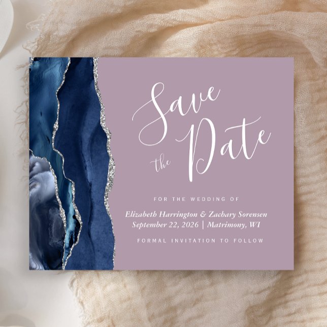 Budget Navy Blue Silver Agate Mauve Save the Date (Creator Uploaded)