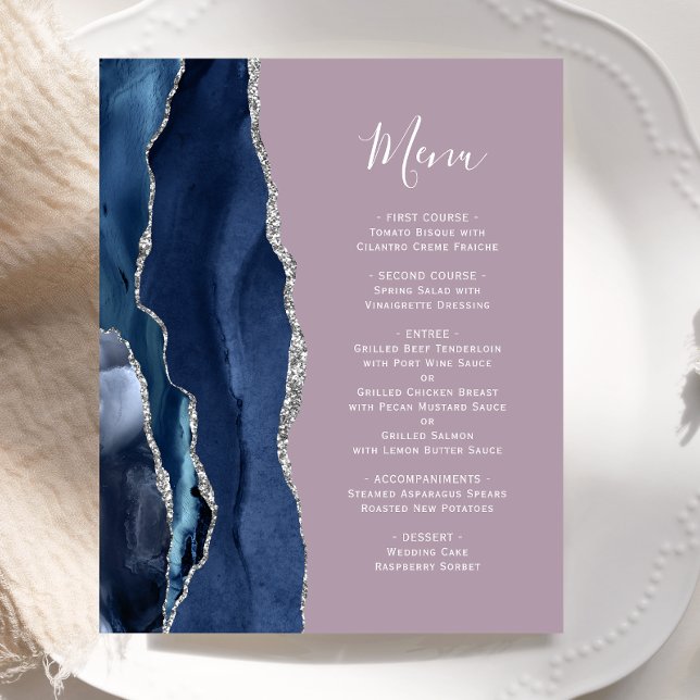 Budget Navy Blue Silver Agate Mauve Wedding Menu (Creator Uploaded)