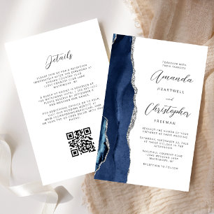 Budget Navy Blue Silver Agate QR Code Wedding
