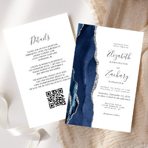 Budget Navy Blue Silver Agate QR Code Wedding