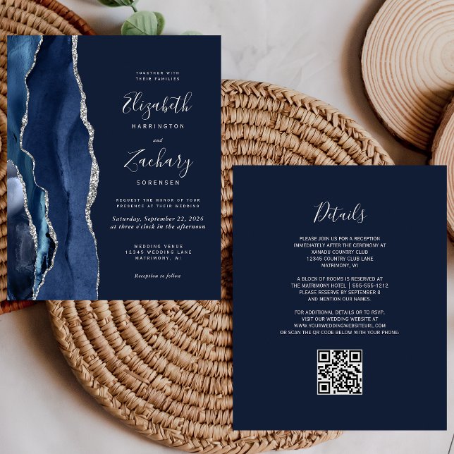 Budget Navy Blue Silver Agate QR Code Wedding (Creator Uploaded)