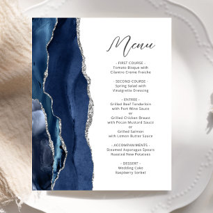 Budget Navy Blue Silver Agate Script Wedding Menu