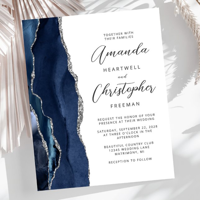 Budget Navy Blue Silver Agate Wedding Invitation (Creator Uploaded)