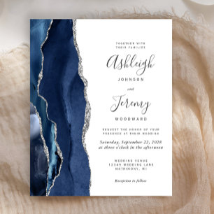 Budget Navy Blue Silver Agate Wedding Invite