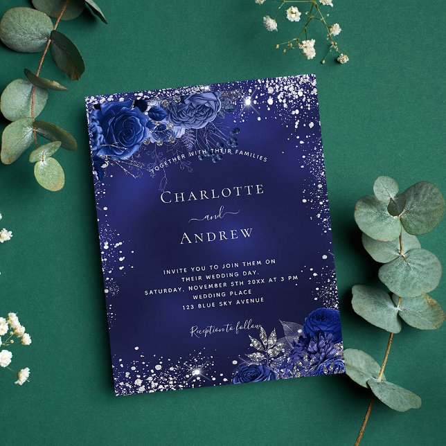 Budget navy blue silver floral wedding invitation (Creator Uploaded)