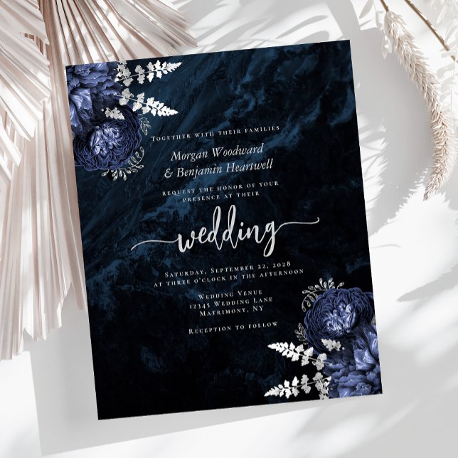 Budget Navy Blue Silver Floral Wedding Invite (Creator Uploaded)