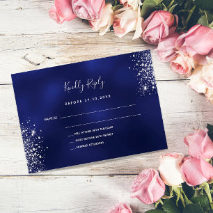 Budget navy blue silver glitter dust wedding RSVP Card