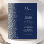 Budget Navy Blue Silver Glitter Edge Wedding Menu<br><div class="desc">The left-hand edge of this elegant modern wedding menu features a silver faux glitter border. The customisable text combines silver grey handwriting script and copperplate fonts on a navy blue background. The reverse side features a matching navy blue and silver design.</div>