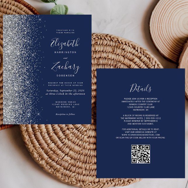 Budget Navy Blue Silver Glitter QR Code Wedding (Creator Uploaded)