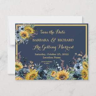 Budget Navy Blue Sunflower Floral Save Date Invitation
