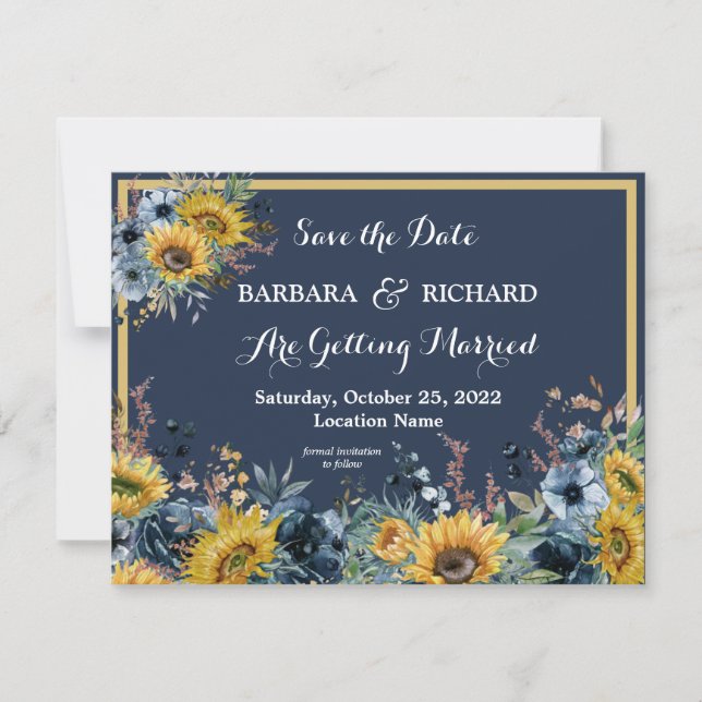 Budget Navy Blue Sunflower Floral Save Date   Invitation (Front)