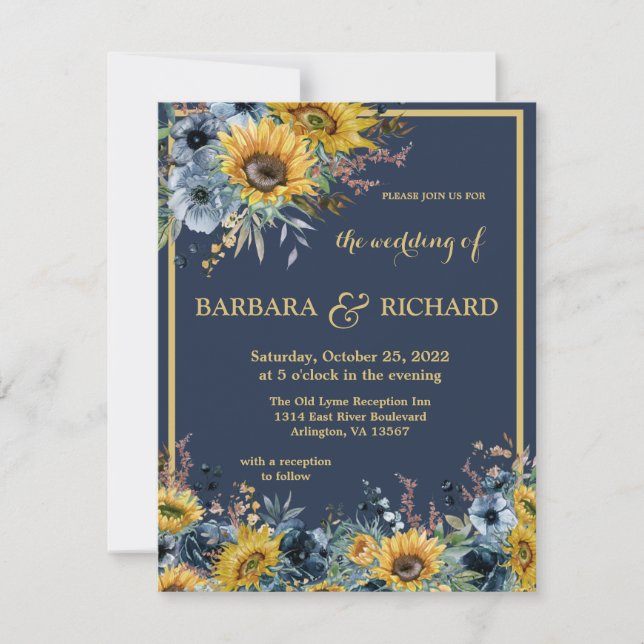 Budget Navy Blue Sunflower Floral Wedding  Invitation (Front)