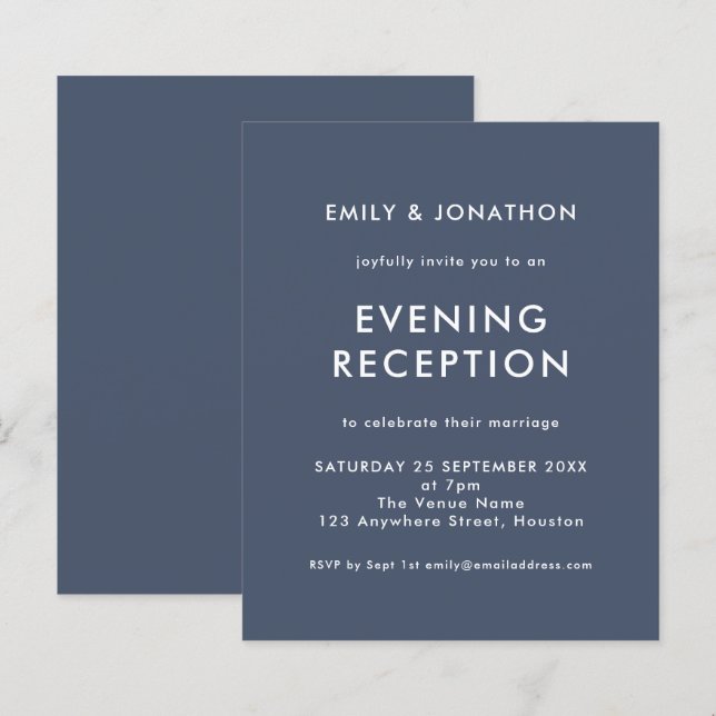 Budget Navy Blue Wedding Evening Reception invite (Front/Back)