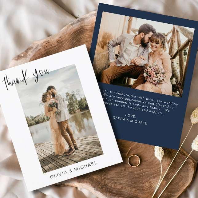 Budget Navy Blue Wedding Photo Thank You Card (Creator Uploaded)