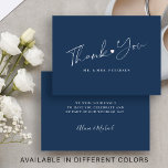 Budget navy blue wedding thank you script card<br><div class="desc">Simple trendy modern dark navy blue budget affordable wedding thank you small note card featuring a chic handwriting calligraphy script with a little heart. Personalize it with your text and signature! Please note that the background color can be changed to match your wedding color scheme. If comfortable doing it, you...</div>