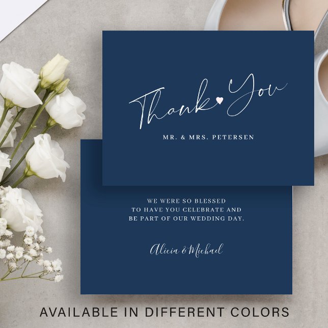 Budget navy blue wedding thank you script card (Available in different colors and sizes)