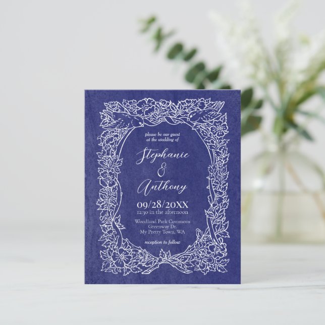 Budget Navy Blue White Floral Wedding Invitation (Standing Front)