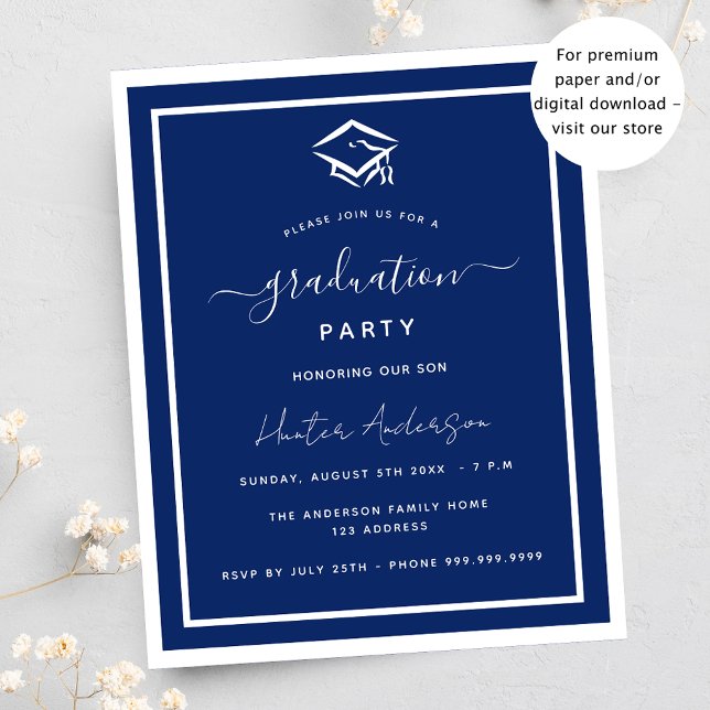 Budget navy blue white graduation party invitation (Creator Uploaded)