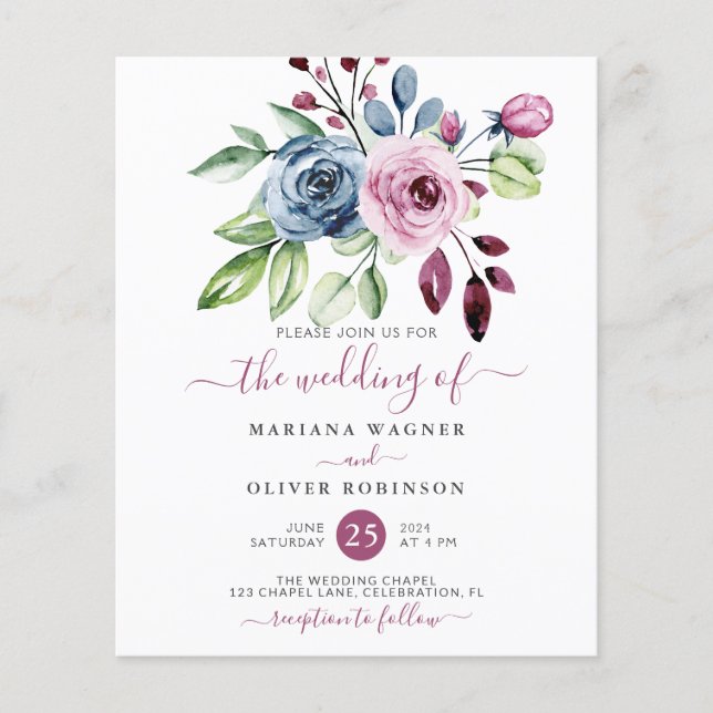 Budget Navy Blue Wine Floral Wedding Invitation (Front)