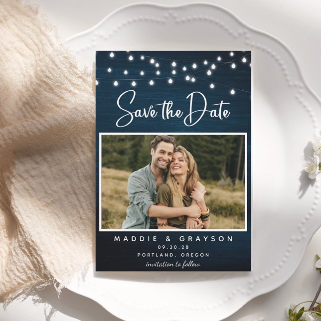 Budget Navy Blue Wood Lights Photo Save the Date  Flyer (Creator Uploaded)