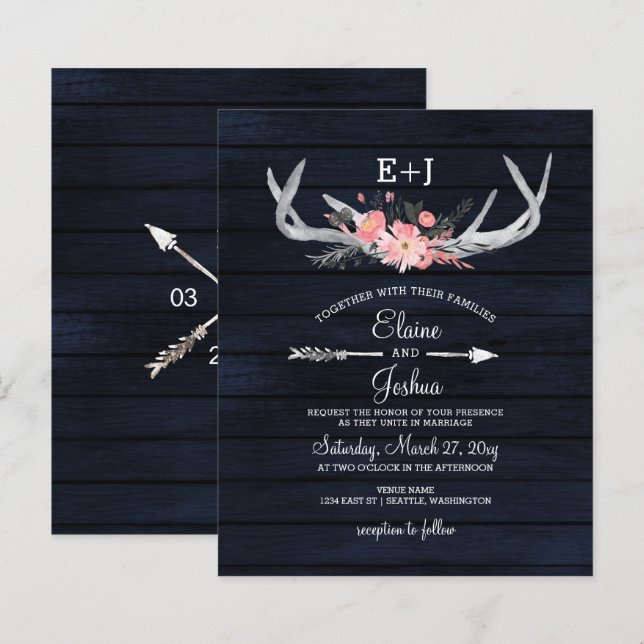 Budget Navy Blush Floral Antler Wedding Invitation (Front/Back)