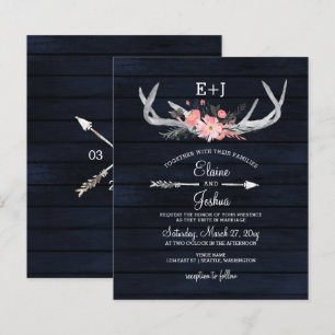 Budget Navy Blush Floral Antler Wedding Invitation