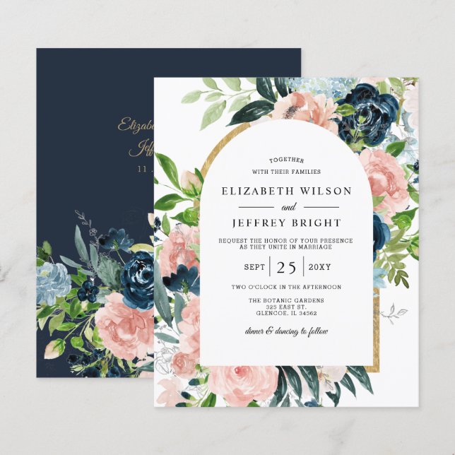 Budget Navy Blush Floral Arched Wedding Invitation (Front/Back)