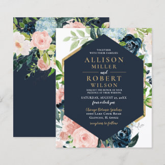 Budget Navy Blush Gold Floral Wedding Invitation