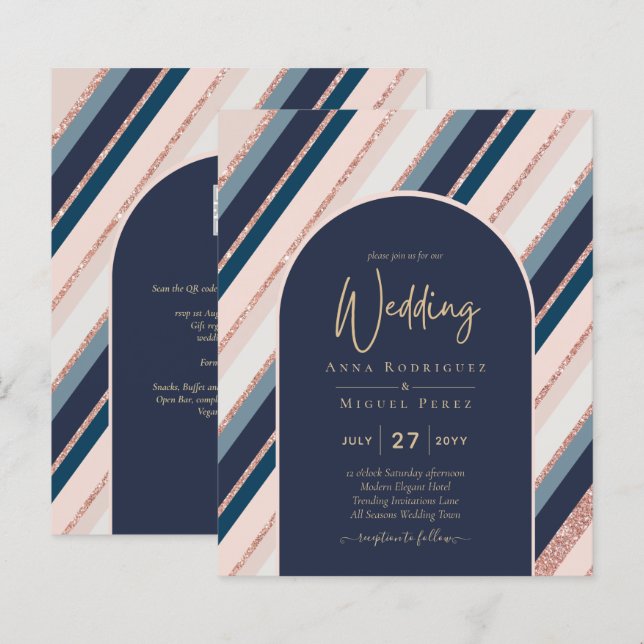 BUDGET Navy Blush Pink Rose Gold Wedding INVITE (Front/Back)