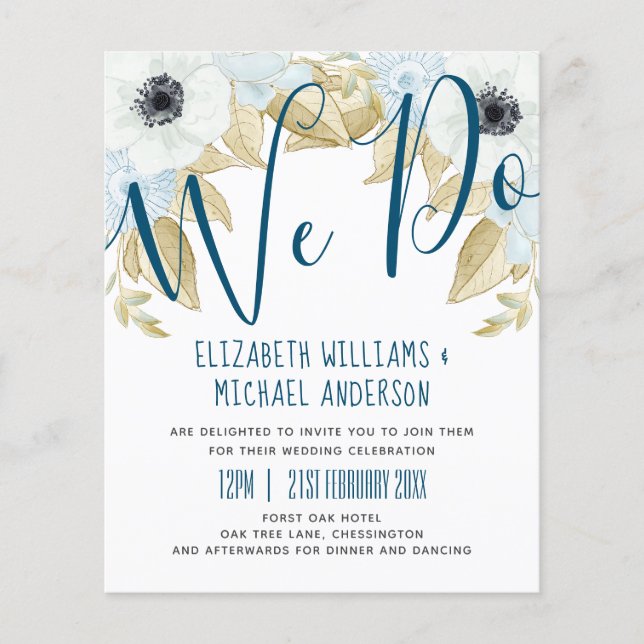 Budget Navy Bue White Anemone Wedding Invitations (Front)