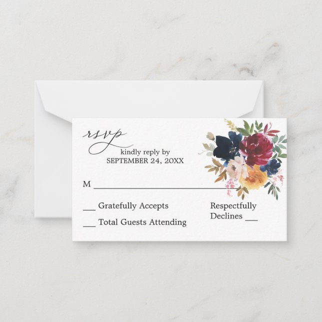 Budget Navy, Burgundy Pink Floral 2SM No Meal RSVP Card (Front)