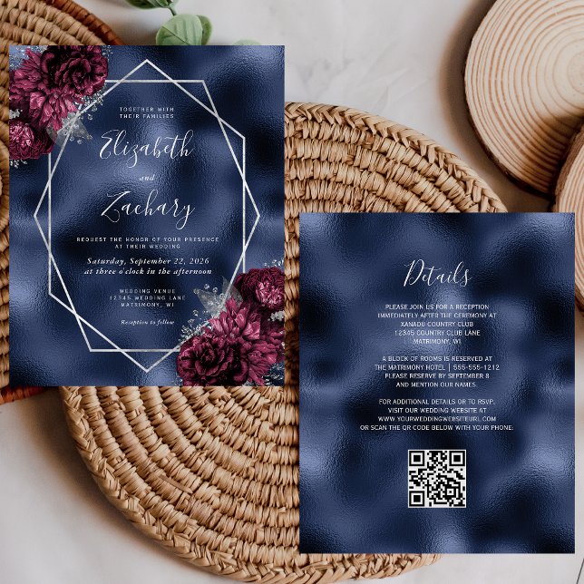 Budget Navy Burgundy Silver Floral QR Code Wedding (Creator Uploaded)