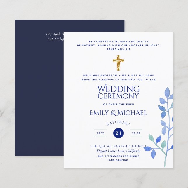 Budget Navy Catholic Christian Wedding Invites (Front/Back)