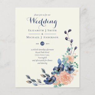 BUDGET Navy Coral Floral Wedding Invitations Flyer